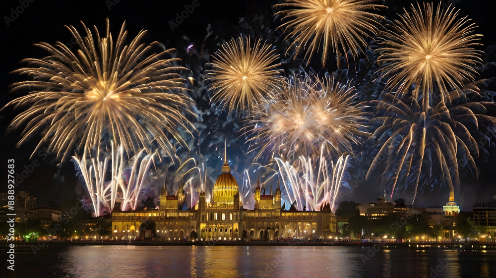 Fototapeta premium fireworks over the city, ai generated