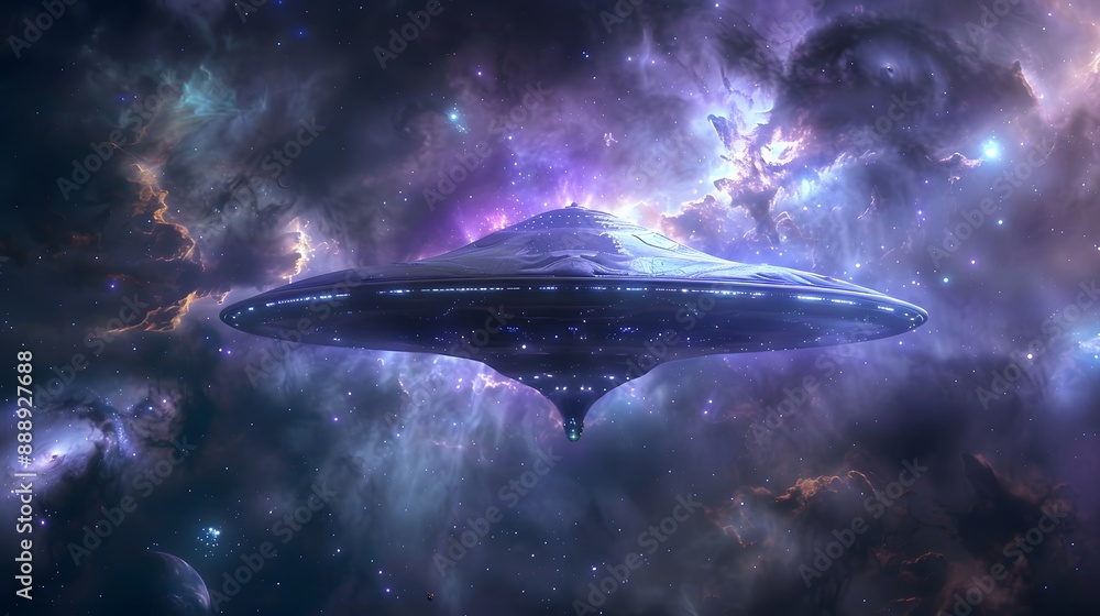 Fototapeta premium UFO in space, Alien UFO. Unidentified Flying Object