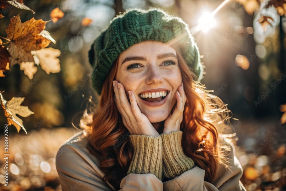 Autumn portrait. Close-up of a red-haired young woman with expressive green eyes in a knitted hat and sweater. The girl laughs in the rays of the setting autumn sun. Autumn portrait. Close-up of a red-haired young woman with expressive green eyes in a knitted hat and sweater. The girl laughs in the rays of the setting autumn sun.