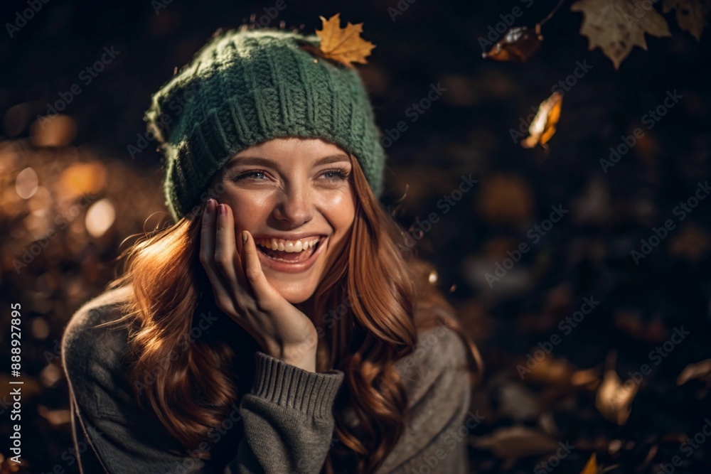 Autumn portrait. Close-up of a red-haired young woman with expressive green eyes in a knitted hat and sweater. The girl laughs in the rays of the setting autumn sun. Autumn portrait. Close-up of a red-haired young woman with expressive green eyes in a knitted hat and sweater. The girl laughs in the rays of the setting autumn sun.