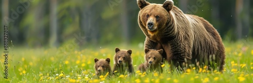 Brown Bear Family in a Field of Yellow Flowers © positfid