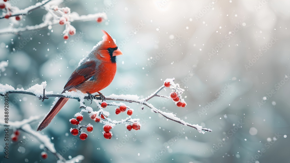 Red cardinal bird on a frosty tree branch with winter background Red cardinal bird on a frosty tree branch with winter background
