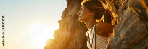 A woman, wearing a white tank top, climbs a rocky cliff face as the sun sets, casting a golden glow across the scene. She looks up at the sky, her expression determined