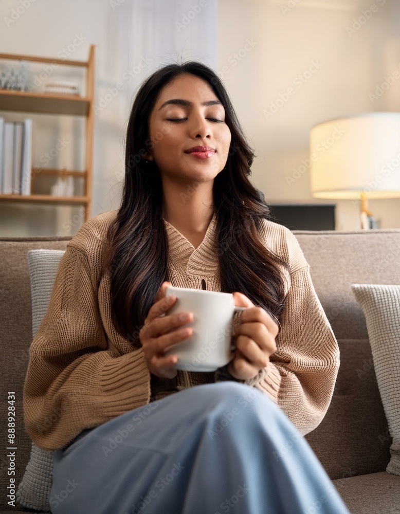 Friedliche junge Inderin sitzt auf dem Sofa mit geschlossenen Augen, genießt ihren Kaffee und den Morgen mit einem warmen Getränk im Wohnzimmer. Platz für Text.. Frau trinkt Kaffee Friedliche junge Inderin sitzt auf dem Sofa mit geschlossenen Augen, genießt ihren Kaffee und den Morgen mit einem warmen Getränk im Wohnzimmer. Platz für Text.. Frau trinkt Kaffee