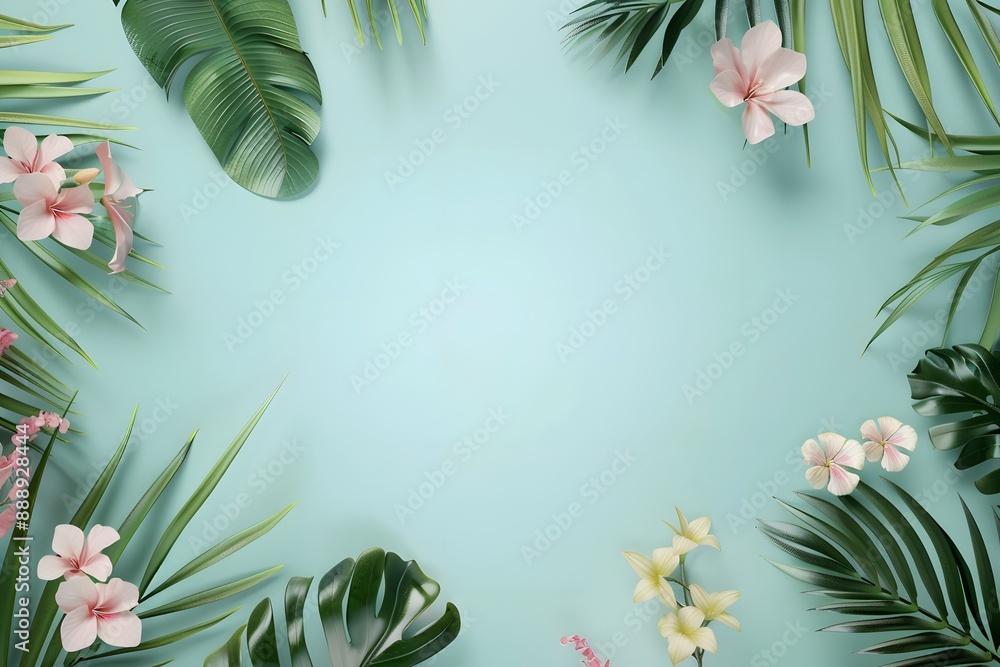 Tropical frame with vibrant green leaves and colorful flowers on a light blue background Tropical frame with vibrant green leaves and colorful flowers on a light blue background