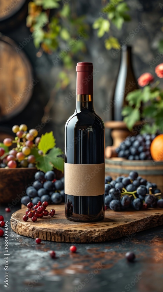 Obraz premium Single Wine Bottle Mockup in Natural and Kitchen Settings Customizable Blank Label for Personalized Branding