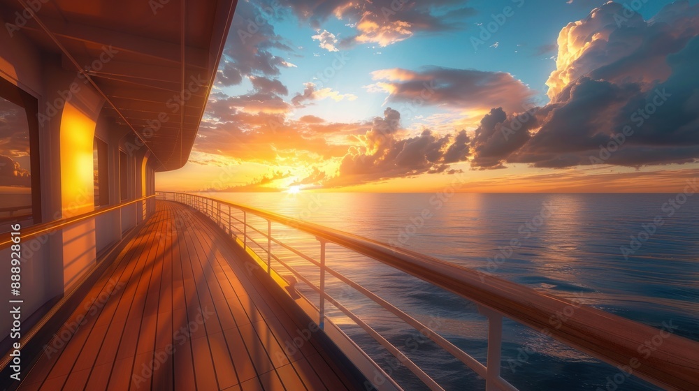 A cruise ship's promenade deck glides into a breathtaking sunset A cruise ship's promenade deck glides into a breathtaking sunset