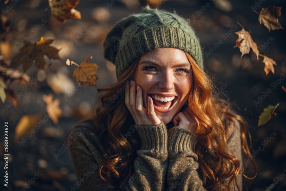 Autumn portrait. Close-up of a red-haired young woman with expressive green eyes in a knitted hat and sweater. The girl laughs in the rays of the setting autumn sun. Autumn portrait. Close-up of a red-haired young woman with expressive green eyes in a knitted hat and sweater. The girl laughs in the rays of the setting autumn sun.