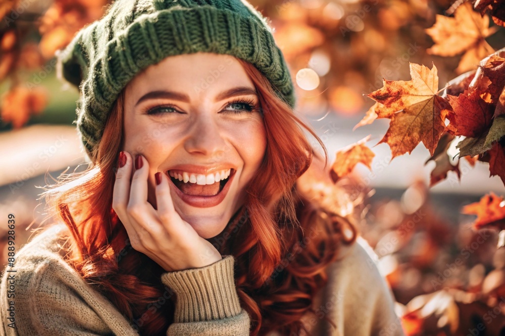 Autumn portrait. Close-up of a red-haired young woman with expressive green eyes in a knitted hat and sweater. The girl laughs in the rays of the setting autumn sun. Autumn portrait. Close-up of a red-haired young woman with expressive green eyes in a knitted hat and sweater. The girl laughs in the rays of the setting autumn sun.