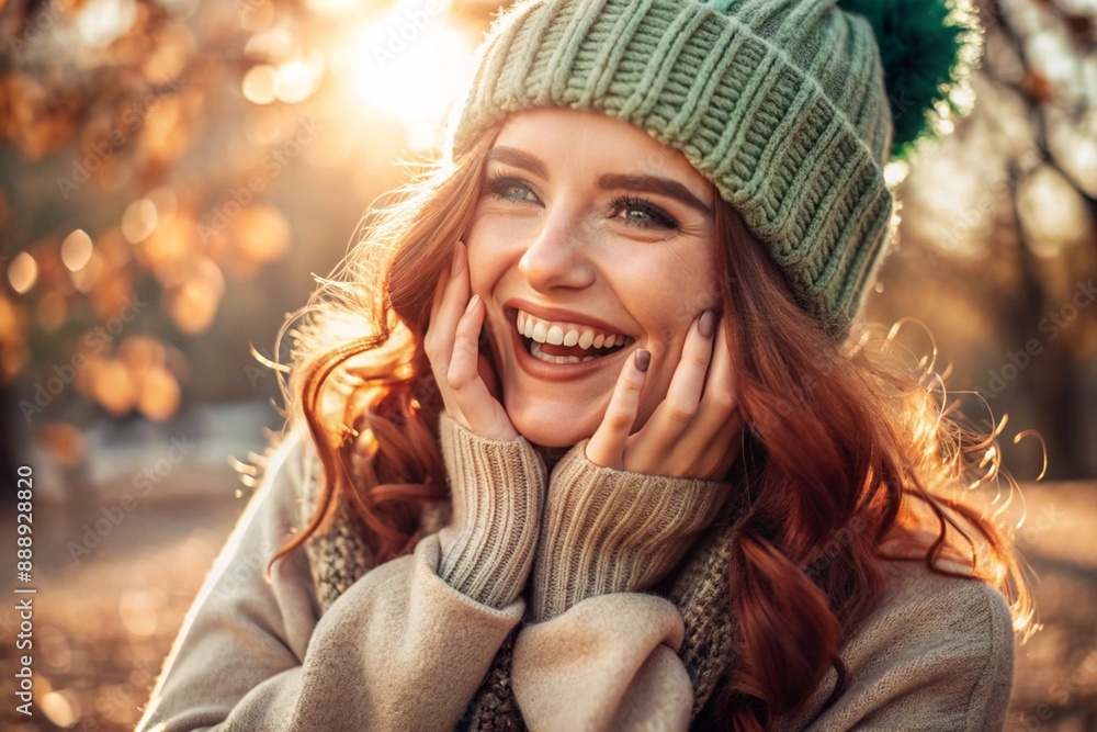 Autumn portrait. Close-up of a red-haired young woman with expressive green eyes in a knitted hat and sweater. The girl laughs in the rays of the setting autumn sun. Autumn portrait. Close-up of a red-haired young woman with expressive green eyes in a knitted hat and sweater. The girl laughs in the rays of the setting autumn sun.