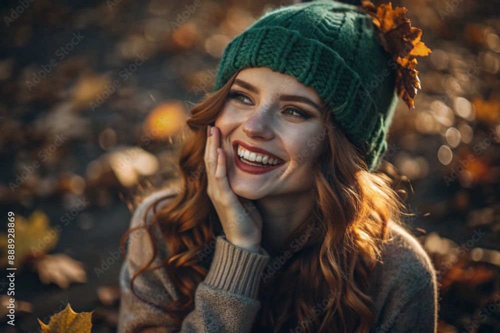Autumn portrait. Close-up of a red-haired young woman with expressive green eyes in a knitted hat and sweater. The girl laughs in the rays of the setting autumn sun. Autumn portrait. Close-up of a red-haired young woman with expressive green eyes in a knitted hat and sweater. The girl laughs in the rays of the setting autumn sun.