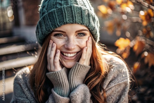 Autumn portrait. Close-up of a red-haired young woman with expressive green eyes in a knitted hat and sweater. The girl laughs in the rays of the setting autumn sun.