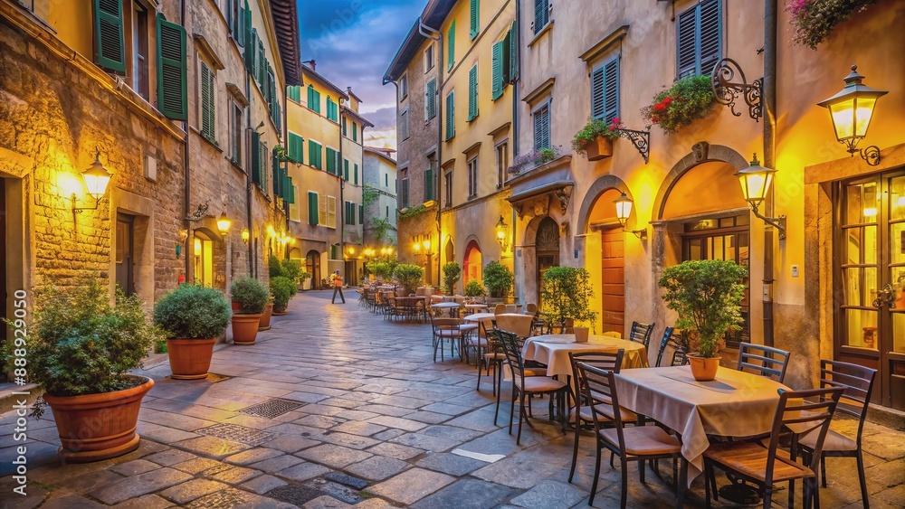 Obraz premium Charming cobblestone street in Lucca Italy lined with ancient buildings ornate lanterns and inviting tables of a quaint restaurant setting.