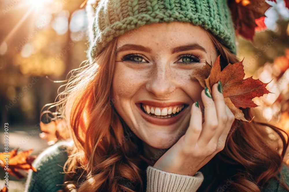 Autumn portrait. Close-up of a red-haired young woman with expressive green eyes in a knitted hat and sweater. The girl laughs in the rays of the setting autumn sun. Autumn portrait. Close-up of a red-haired young woman with expressive green eyes in a knitted hat and sweater. The girl laughs in the rays of the setting autumn sun.