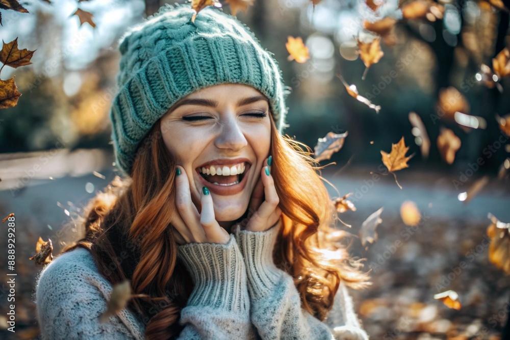Autumn portrait. Close-up of a red-haired young woman with expressive green eyes in a knitted hat and sweater. The girl laughs in the rays of the setting autumn sun. Autumn portrait. Close-up of a red-haired young woman with expressive green eyes in a knitted hat and sweater. The girl laughs in the rays of the setting autumn sun.