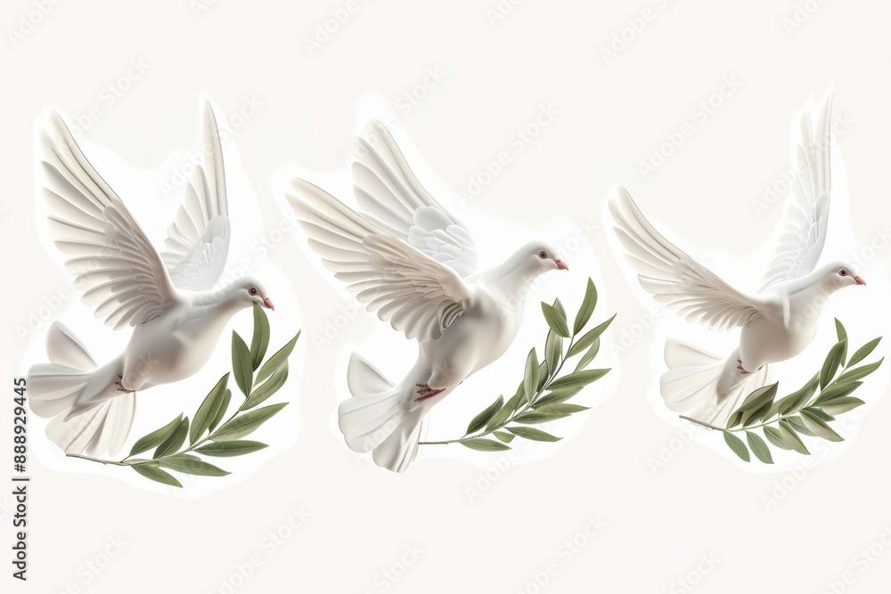 Peace dove icon, pigeons, twigs 3d realistic collection. Flying birds silhouettes on white Peace dove icon, pigeons, twigs 3d realistic collection. Flying birds silhouettes on white