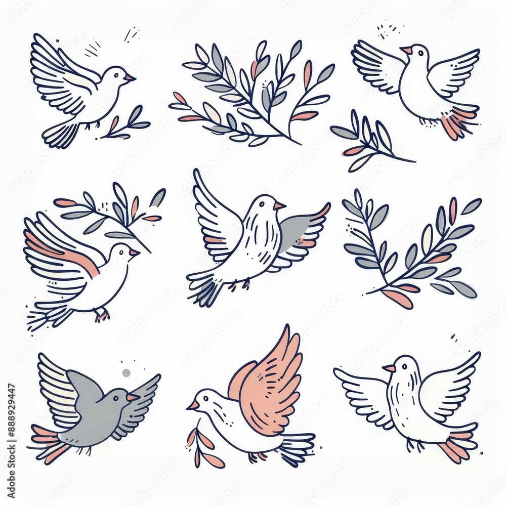 Peace dove icon, pigeons, dove twigs doodle sketched collection. Flying birds silhouettes on white Peace dove icon, pigeons, dove twigs doodle sketched collection. Flying birds silhouettes on white
