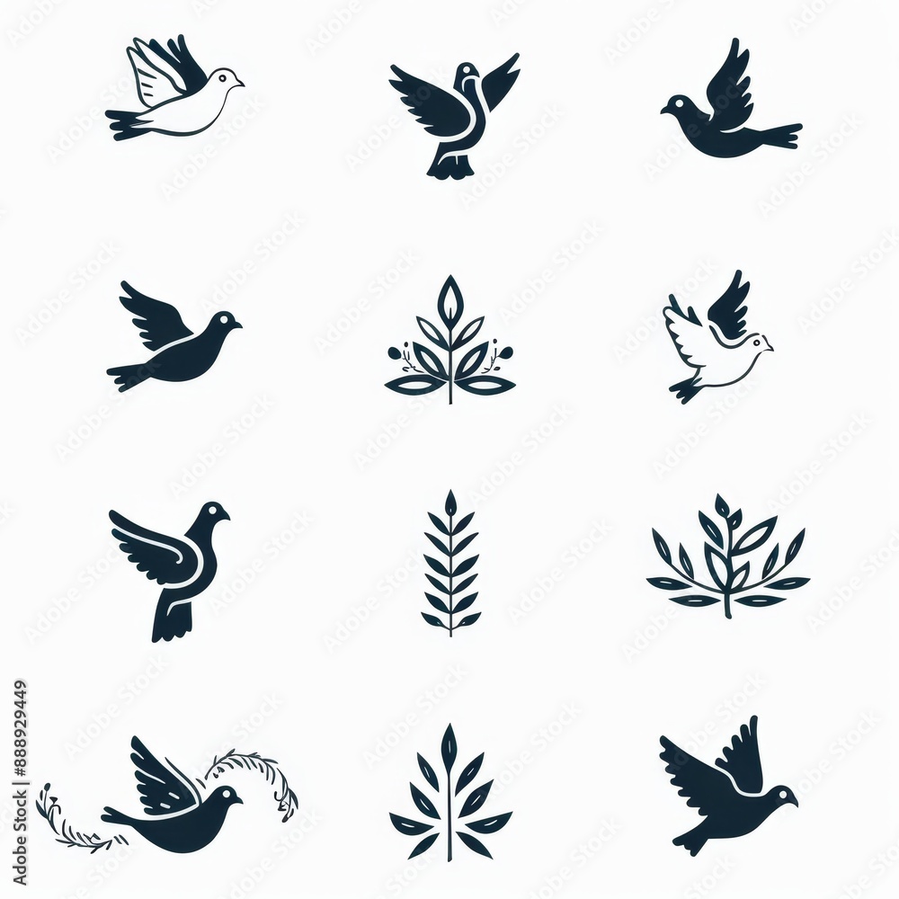Fototapeta premium Peace dove graffiti, pigeons, twigs ink illustration. Flying birds silhouettes monochrome flat icons