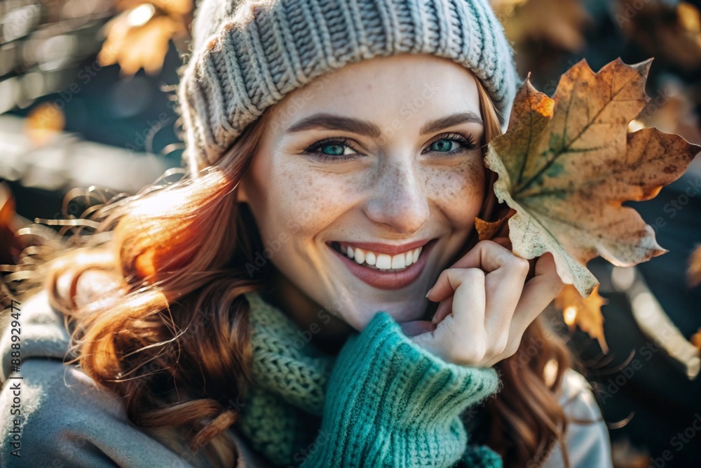Autumn portrait. Close-up of a red-haired young woman with expressive green eyes in a knitted hat and sweater. The girl laughs in the rays of the setting autumn sun. Autumn portrait. Close-up of a red-haired young woman with expressive green eyes in a knitted hat and sweater. The girl laughs in the rays of the setting autumn sun.