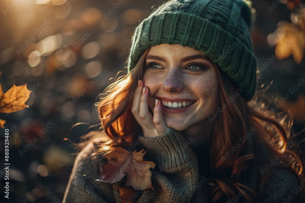 Autumn portrait. Close-up of a red-haired young woman with expressive green eyes in a knitted hat and sweater. The girl laughs in the rays of the setting autumn sun. Autumn portrait. Close-up of a red-haired young woman with expressive green eyes in a knitted hat and sweater. The girl laughs in the rays of the setting autumn sun.