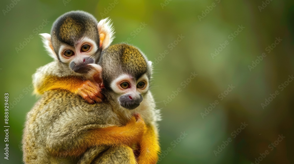 Obraz premium Two Adorable Squirrel Monkeys Cuddling in the Forest