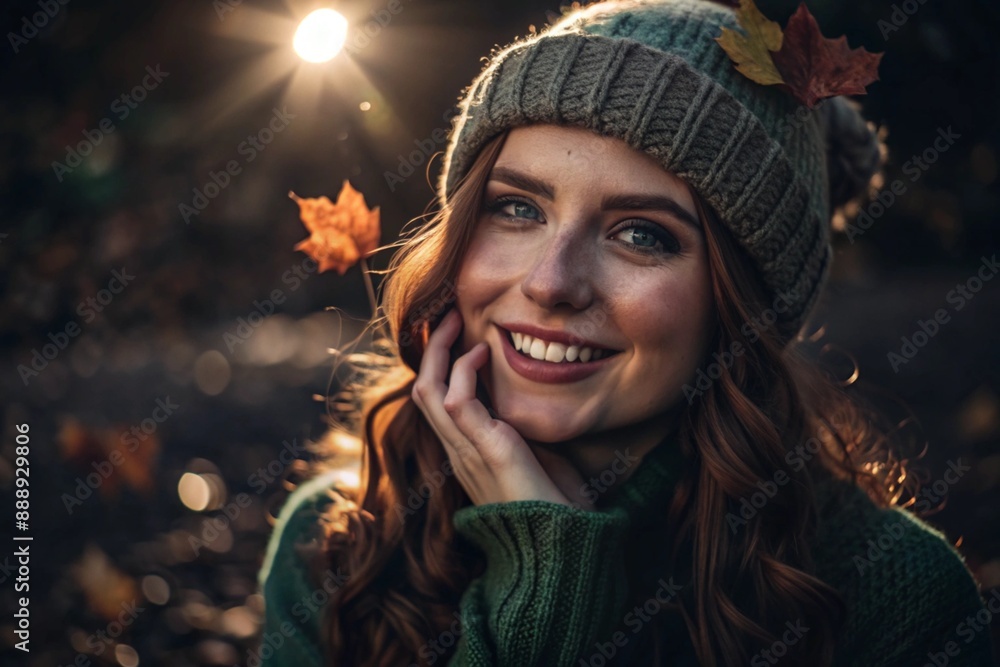 Autumn portrait. Close-up of a red-haired young woman with expressive green eyes in a knitted hat and sweater. The girl laughs in the rays of the setting autumn sun. Autumn portrait. Close-up of a red-haired young woman with expressive green eyes in a knitted hat and sweater. The girl laughs in the rays of the setting autumn sun.