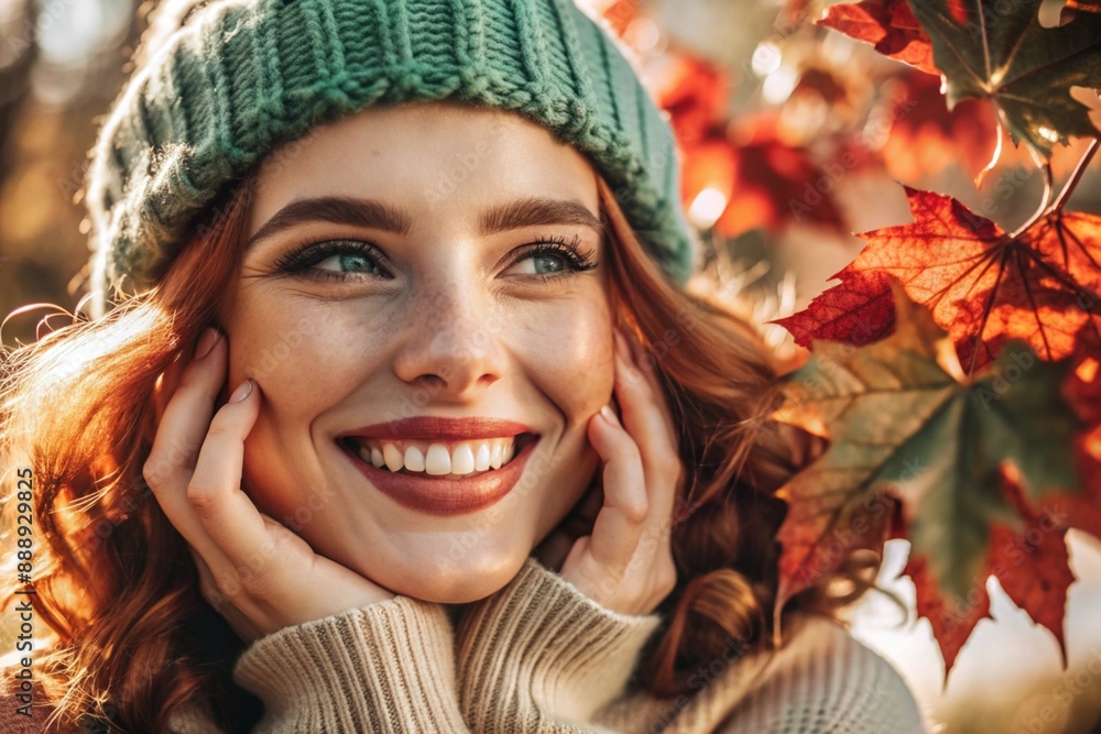 Autumn portrait. Close-up of a red-haired young woman with expressive green eyes in a knitted hat and sweater. The girl laughs in the rays of the setting autumn sun. Autumn portrait. Close-up of a red-haired young woman with expressive green eyes in a knitted hat and sweater. The girl laughs in the rays of the setting autumn sun.