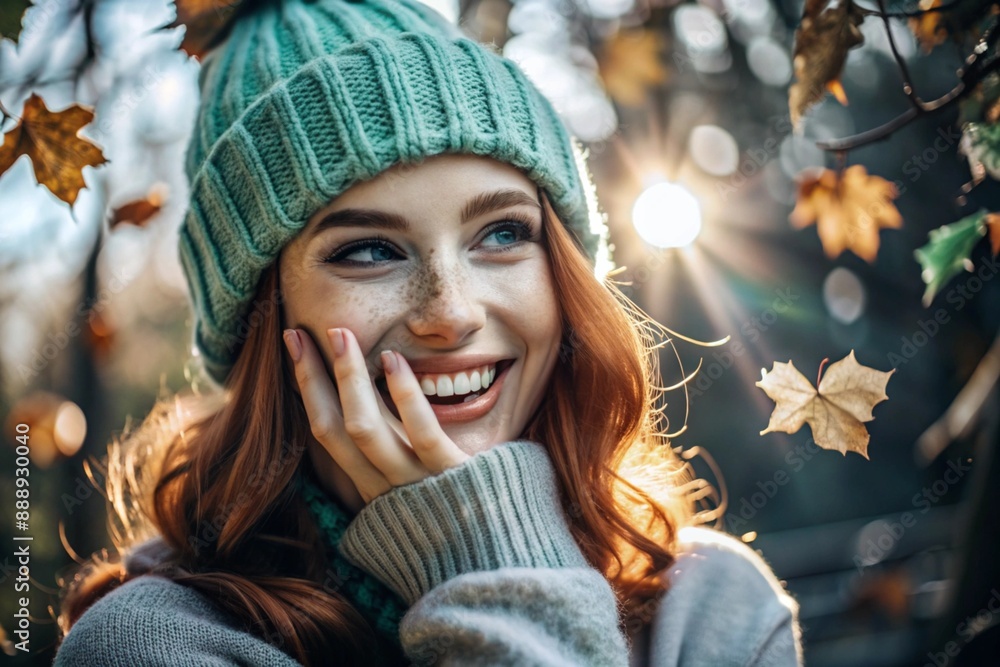 Autumn portrait. Close-up of a red-haired young woman with expressive green eyes in a knitted hat and sweater. The girl laughs in the rays of the setting autumn sun. Autumn portrait. Close-up of a red-haired young woman with expressive green eyes in a knitted hat and sweater. The girl laughs in the rays of the setting autumn sun.