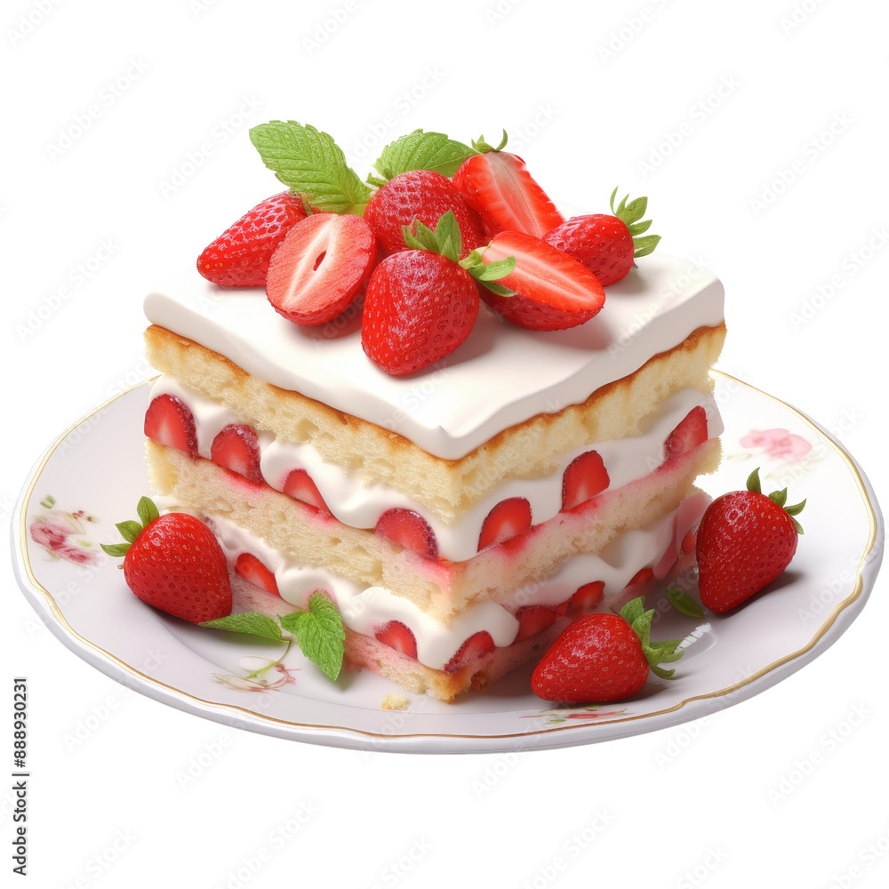 Delicious strawberry cake slice with layers of cream and fresh strawberries, served on a floral plate, perfect for dessert or special occasion. Delicious strawberry cake slice with layers of cream and fresh strawberries, served on a floral plate, perfect for dessert or special occasion.