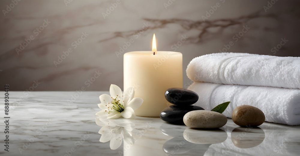 spa stones, towels and candles on white marble table. background, banner with copy space spa stones, towels and candles on white marble table. background, banner with copy space
