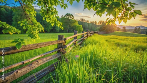 Rustic wooden fence partially hidden by lush green wild grass leaves swaying gently in the serene quiet countryside atmosphere.