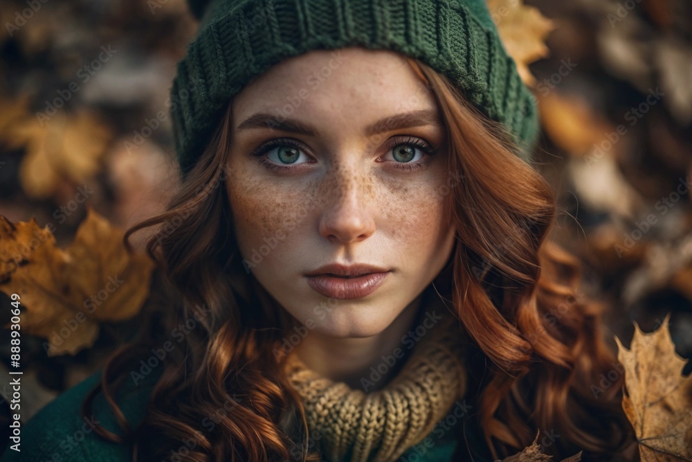 Autumn portrait. Close-up of a red-haired young woman with expressive green eyes in a knitted hat and sweater. Autumn portrait. Close-up of a red-haired young woman with expressive green eyes in a knitted hat and sweater.