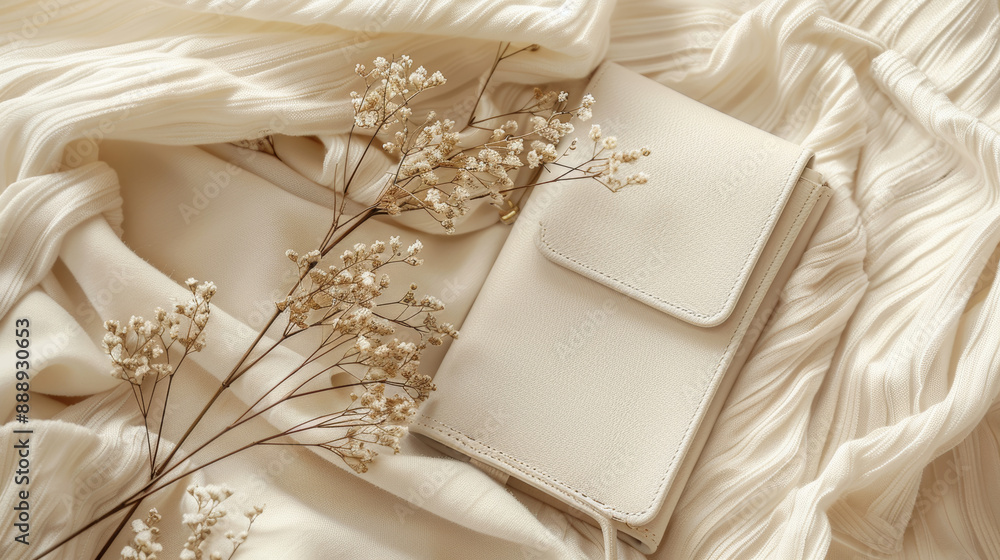 Fashion accessories clutch in a flat lay minimal style. Featuring fall and winter plant and textile decor, this stylish autumn and winter clothes shopping concept highlights pastel beige color trends. Fashion accessories clutch in a flat lay minimal style. Featuring fall and winter plant and textile decor, this stylish autumn and winter clothes shopping concept highlights pastel beige color trends.