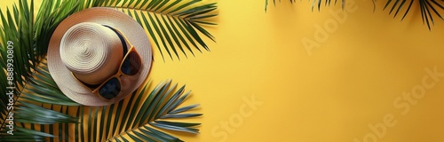 Straw Hat and Sunglasses on Yellow Background With Palm Leaves