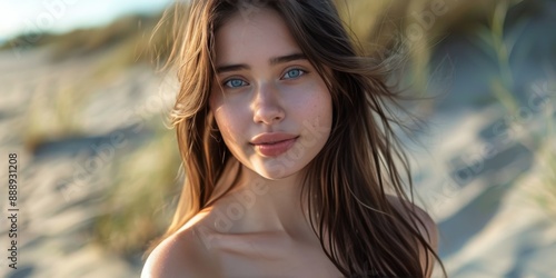 Young Woman With Blonde Hair and Blue Eyes Looking at Camera on Beach