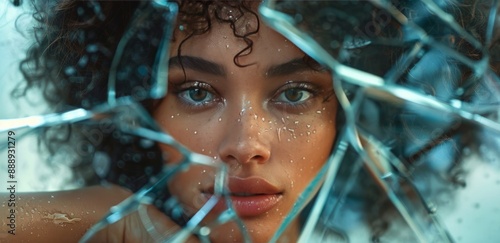 Close Up Portrait of a Womans Face Reflected in Broken Glass