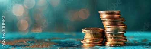Stacks of Gold Coins on a Teal Surface