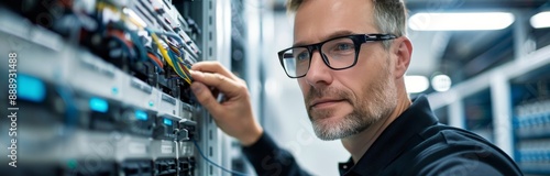 A Man Wearing Glasses Works On Server Racks In A Data Center