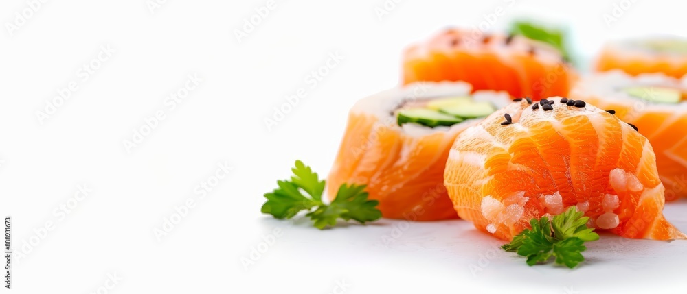 A white surface holds a collection of sushi rolls, each topped with cucumber slices and garnishes A white surface holds a collection of sushi rolls, each topped with cucumber slices and garnishes