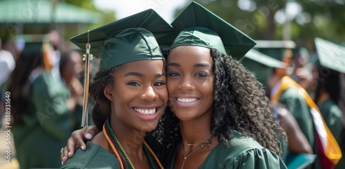 Two Graduates Smile Together During a Sunny Graduation Ceremony
