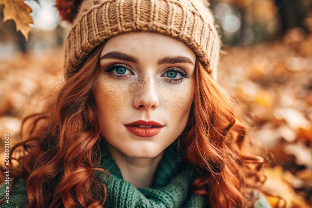 Autumn portrait. Close-up of a red-haired young woman with expressive green eyes in a knitted hat and sweater. Autumn portrait. Close-up of a red-haired young woman with expressive green eyes in a knitted hat and sweater.