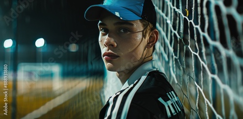 Young Man In A Blue Cap Leaning Against A Soccer Net At Night