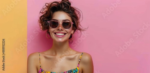 Smiling Woman Wearing Colorful Sunglasses and Earrings Against Pink Background