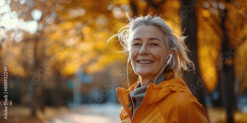 Smiling Senior Woman Walking in Fall Park With Headphones