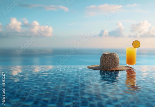 Straw Hat, Orange Juice, and Summer Day by the Pool