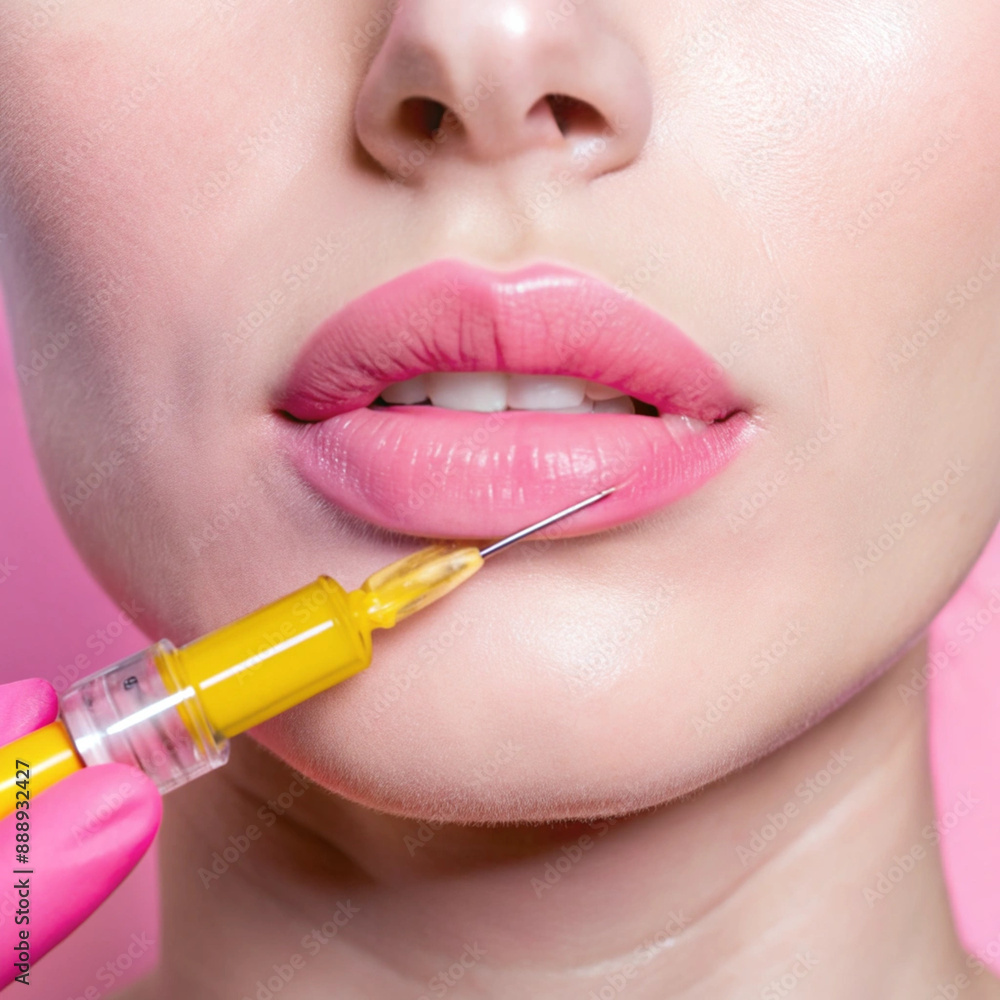 Obraz premium A close-up image of a woman receiving injections emphasizes a modern cosmetic lip augmentation procedure, with a focus on aesthetics and cosmetic procedures