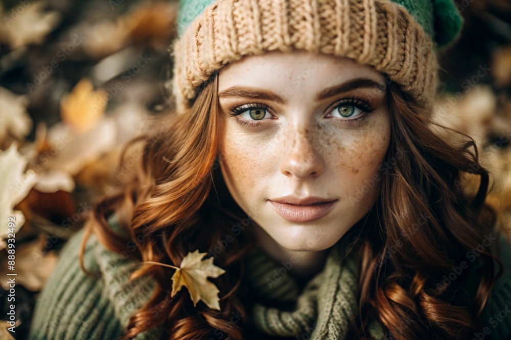 Autumn portrait. Close-up of a red-haired young woman with expressive green eyes in a knitted hat and sweater. Autumn portrait. Close-up of a red-haired young woman with expressive green eyes in a knitted hat and sweater.