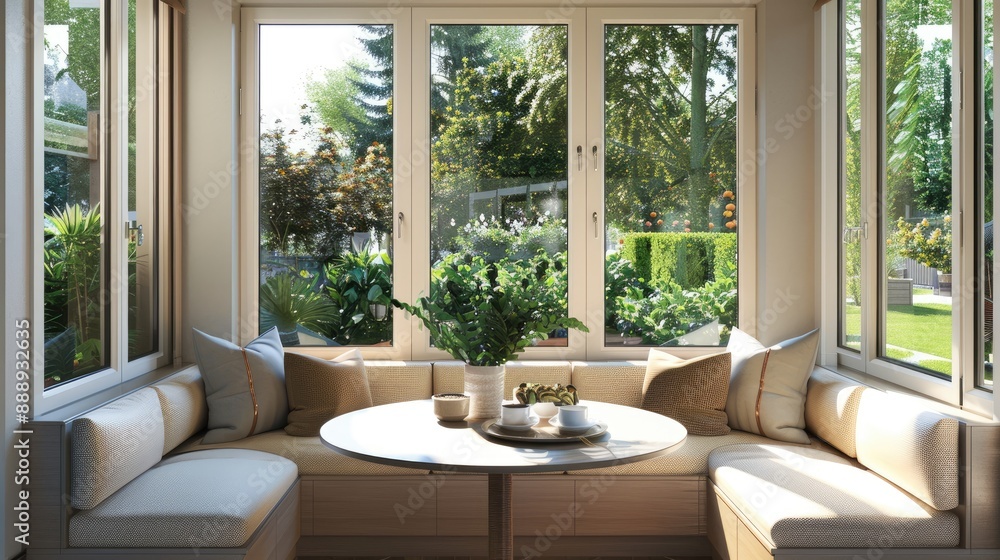 Fototapeta premium A contemporary breakfast nook with a round table, cushioned bench seating, large windows, and a garden view.