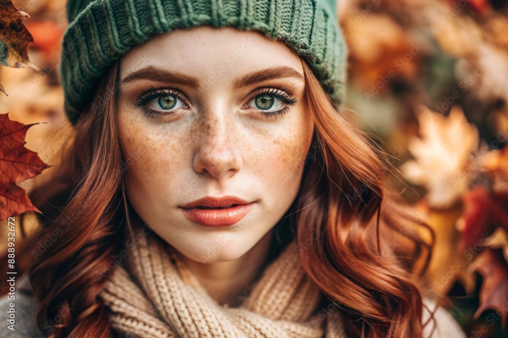 Autumn portrait. Close-up of a red-haired young woman with expressive green eyes in a knitted hat and sweater. Autumn portrait. Close-up of a red-haired young woman with expressive green eyes in a knitted hat and sweater.