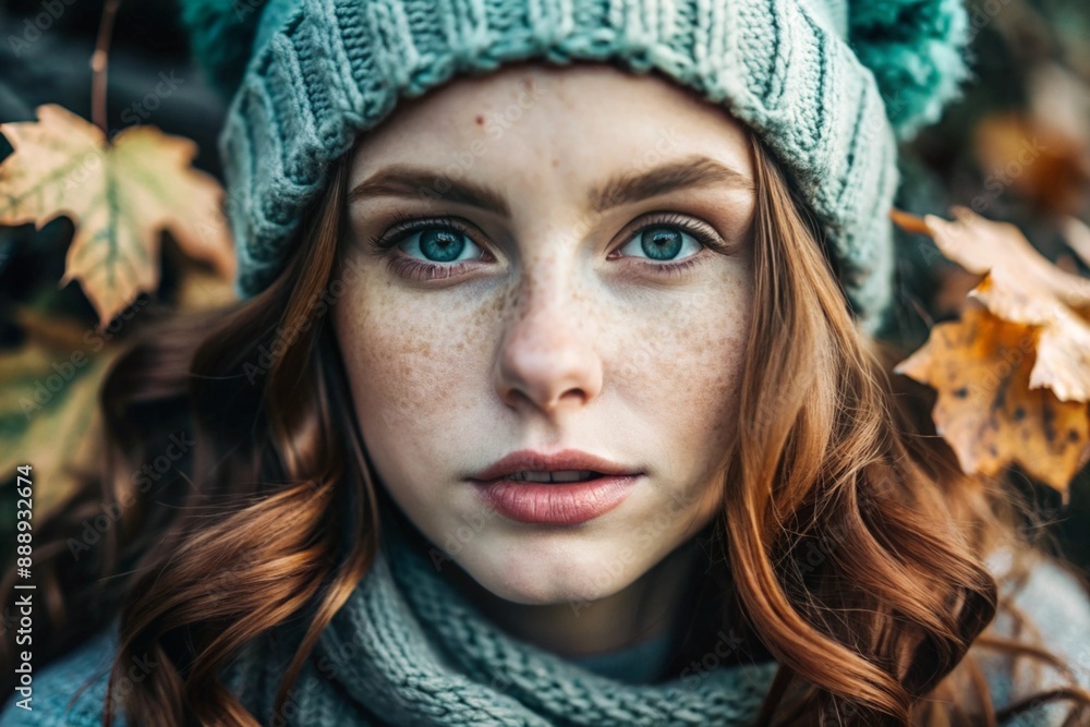 Autumn portrait. Close-up of a red-haired young woman with expressive green eyes in a knitted hat and sweater. Autumn portrait. Close-up of a red-haired young woman with expressive green eyes in a knitted hat and sweater.